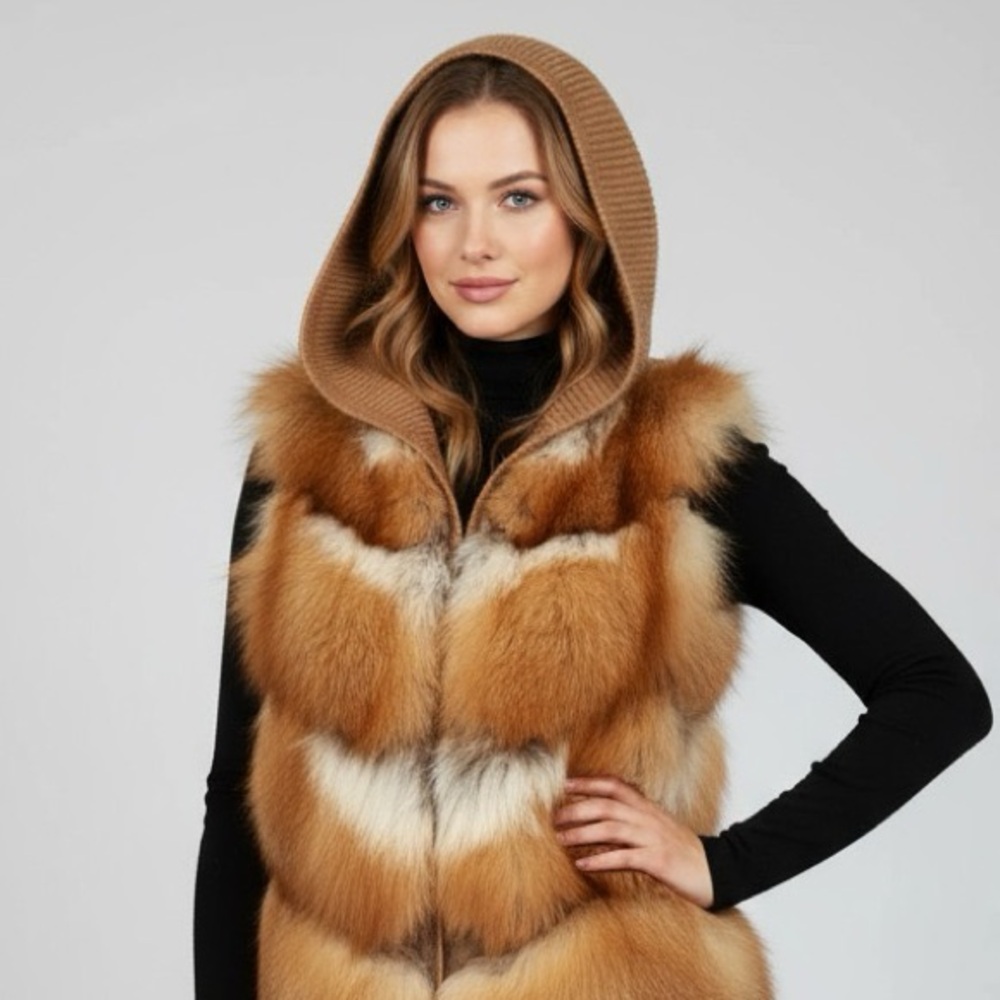 VIOLANTI Real Red Fox Fur Vest Knit Hooded Statement Gilet Made in Italy M, IT42